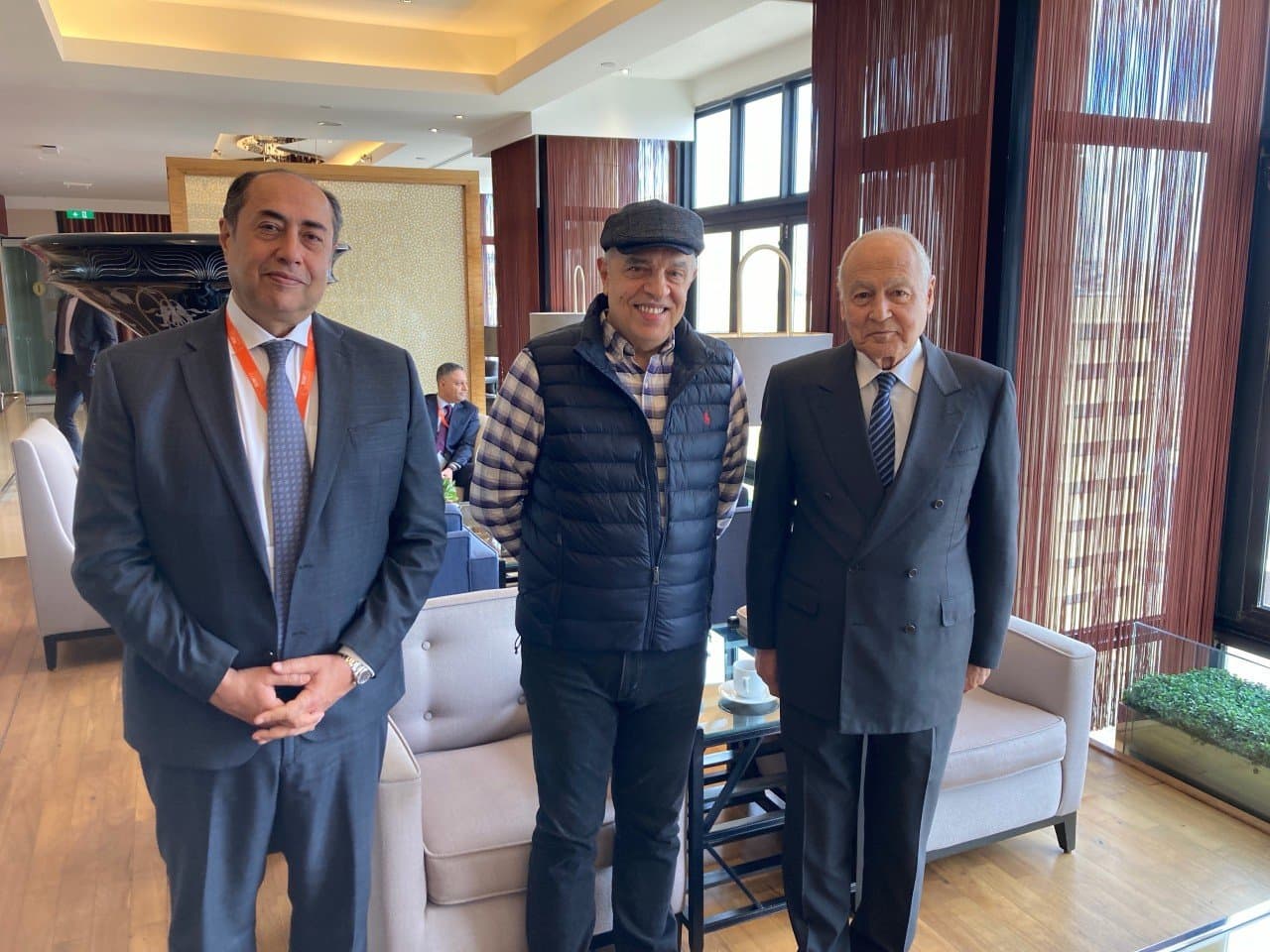 Professor Ameed Khalid Abdul-Hamid (centre) with the Secretary-General of the Arab League and his assistant, 2025