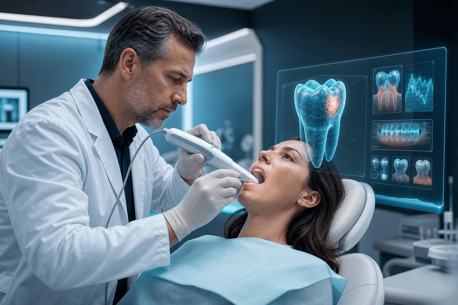 Dental AI specialist examining a patient with holographic tooth analysis in a modern clinic